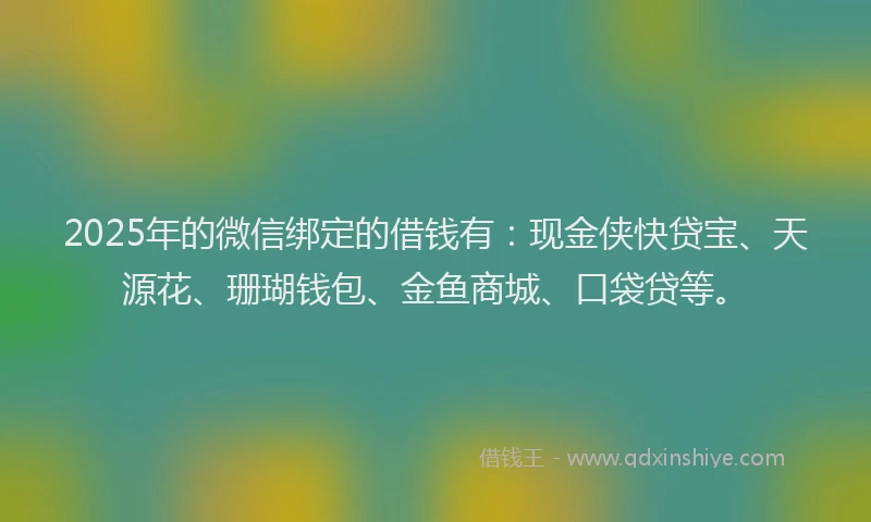 2025年的微信绑定的借钱有：现金侠快贷宝、天源花、珊瑚钱包、金鱼商城、口袋贷等。