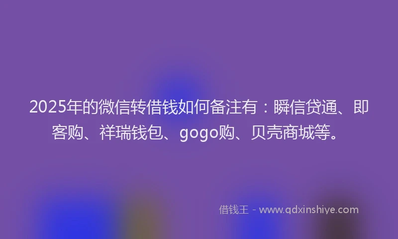 2025年的微信转借钱如何备注有：瞬信贷通、即客购、祥瑞钱包、gogo购、贝壳商城等。