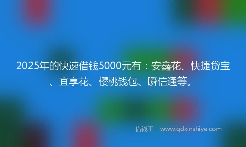 2025年的快速借钱5000元有：安鑫花、快捷贷宝、宜享花、樱桃钱包、瞬信通等。