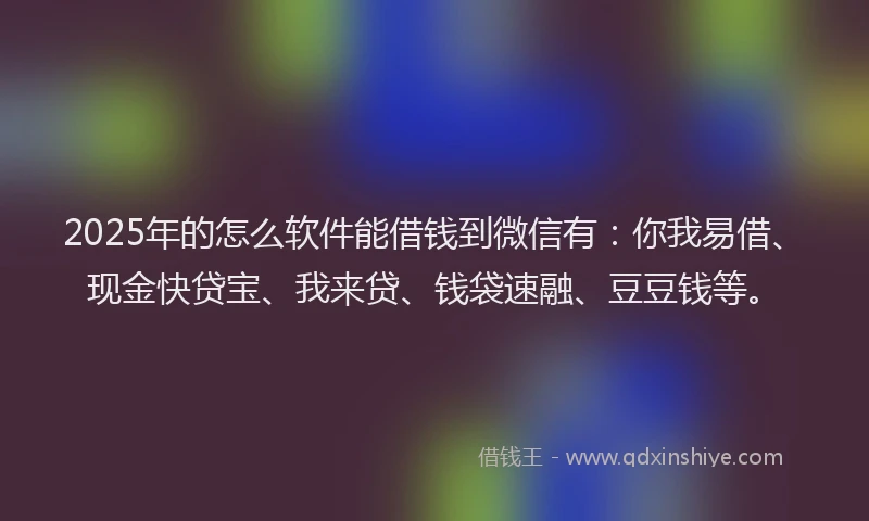 2025年的怎么软件能借钱到微信有：你我易借、现金快贷宝、我来贷、钱袋速融、豆豆钱等。