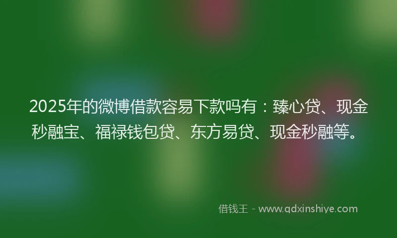 2025年的微博借款容易下款吗有:臻心贷、现金秒融宝、福禄钱包贷、东方易贷、现金秒融等。