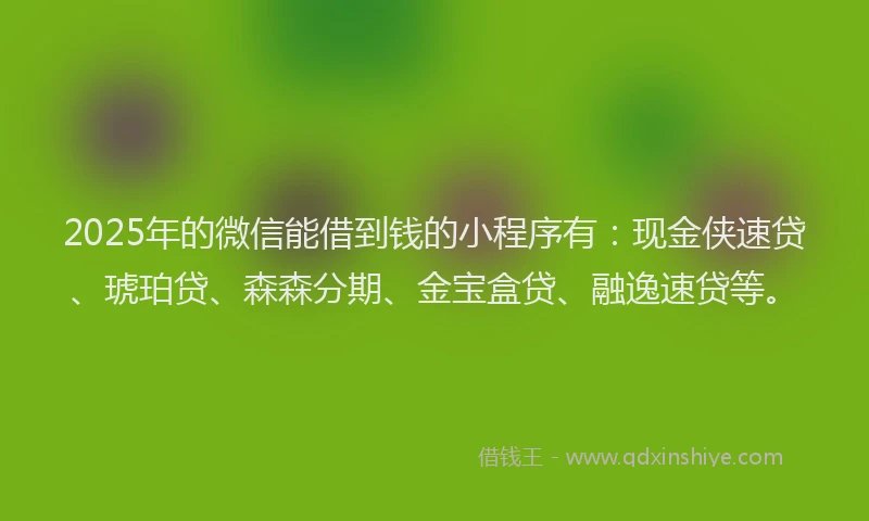 2025年的微信能借到钱的小程序有：现金侠速贷、琥珀贷、森森分期、金宝盒贷、融逸速贷等。