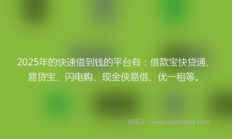 2025年的快速借到钱的平台有：借款宝快贷通、易贷宝、闪电购、现金侠易借、优一租等。