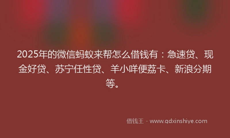 2025年的微信蚂蚁来帮怎么借钱有：急速贷、现金好贷、苏宁任性贷、羊小咩便荔卡、新浪分期等。