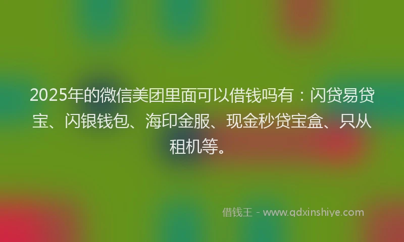 2025年的微信美团里面可以借钱吗有：闪贷易贷宝、闪银钱包、海印金服、现金秒贷宝盒、只从租机等。