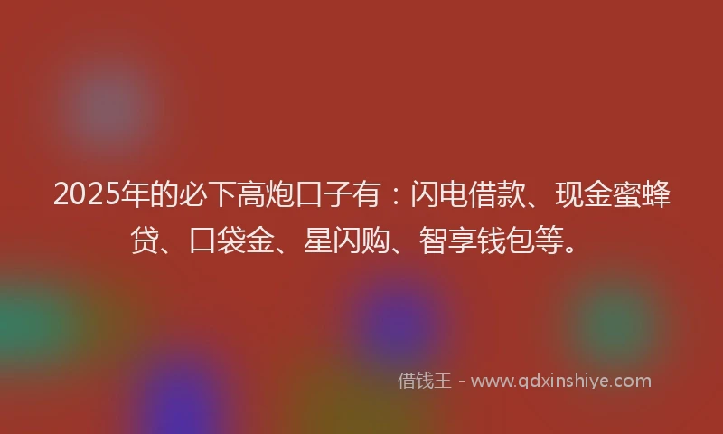 2025年的必下高炮口子有：闪电借款、现金蜜蜂贷、口袋金、星闪购、智享钱包等。