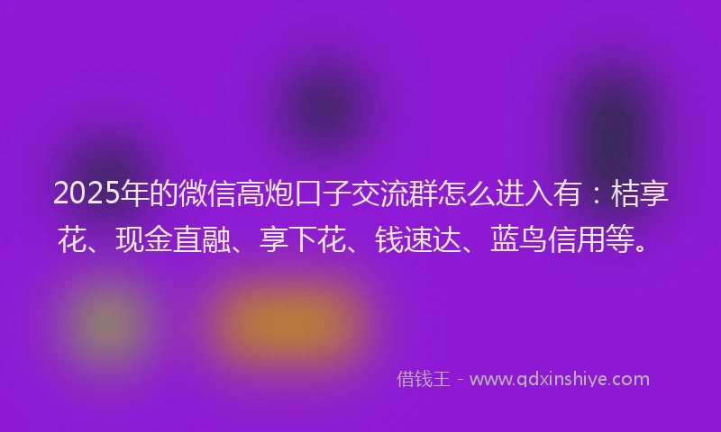 2025年的微信高炮口子交流群怎么进入有：桔享花、现金直融、享下花、钱速达、蓝鸟信用等。
