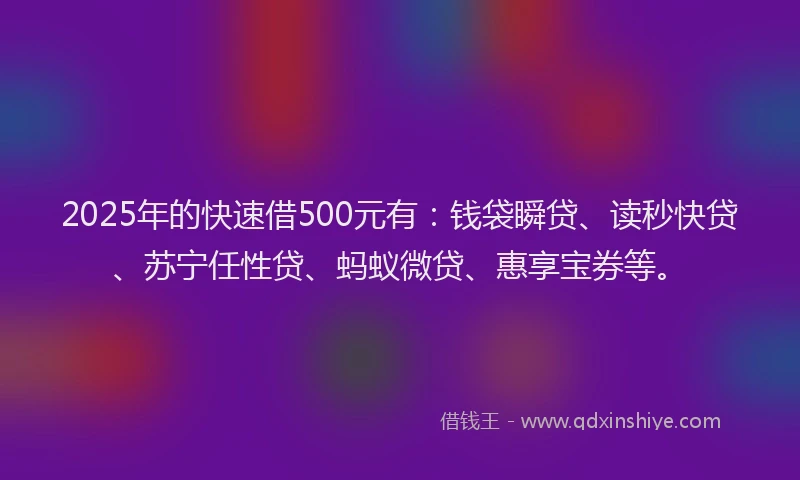 2025年的快速借500元有：钱袋瞬贷、读秒快贷、苏宁任性贷、蚂蚁微贷、惠享宝券等。
