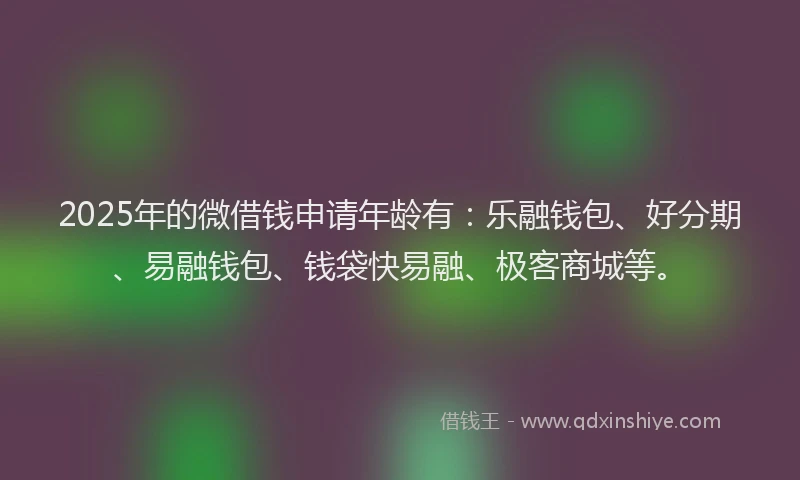 2025年的微借钱申请年龄有：乐融钱包、好分期、易融钱包、钱袋快易融、极客商城等。
