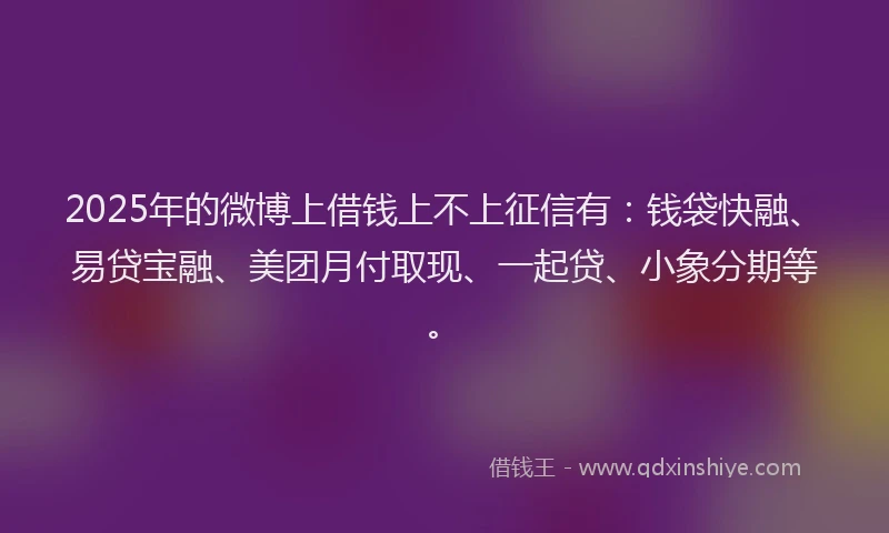 2025年的微博上借钱上不上征信有：钱袋快融、易贷宝融、美团月付取现、一起贷、小象分期等。