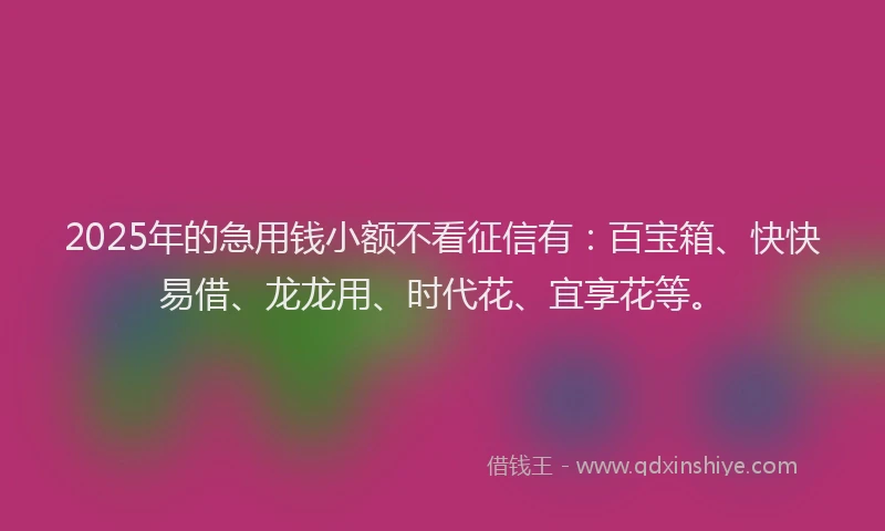 2025年的急用钱小额不看征信有：百宝箱、快快易借、龙龙用、时代花、宜享花等。