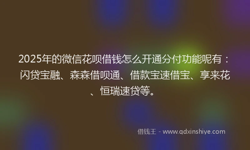 2025年的微信花呗借钱怎么开通分付功能呢有：闪贷宝融、森森借呗通、借款宝速借宝、享来花、恒瑞速贷等。