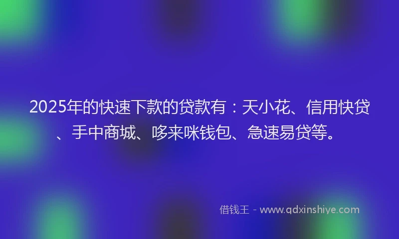 2025年的快速下款的贷款有：天小花、信用快贷、手中商城、哆来咪钱包、急速易贷等。