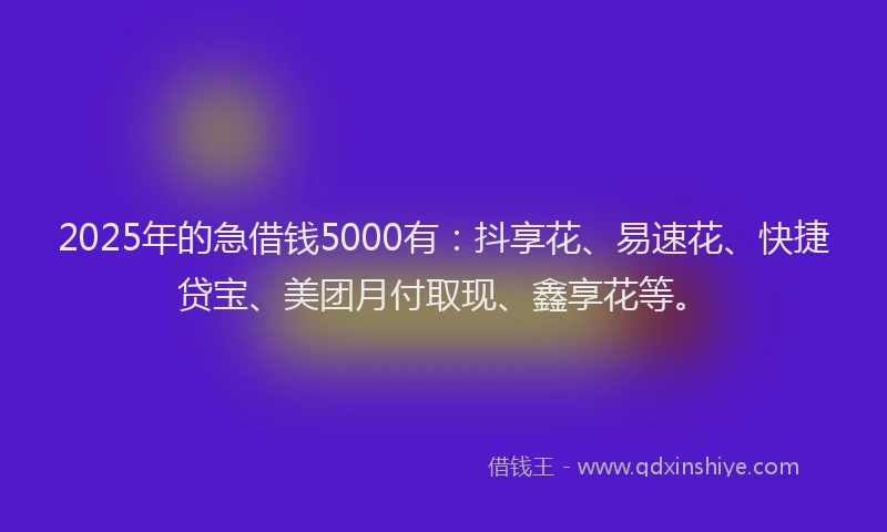 2025年的急借钱5000有：抖享花、易速花、快捷贷宝、美团月付取现、鑫享花等。