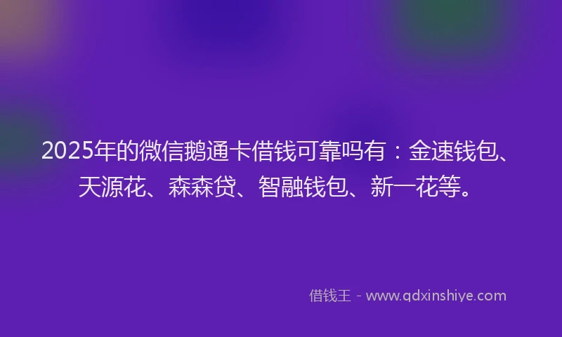 2025年的微信鹅通卡借钱可靠吗有：金速钱包、天源花、森森贷、智融钱包、新一花等。