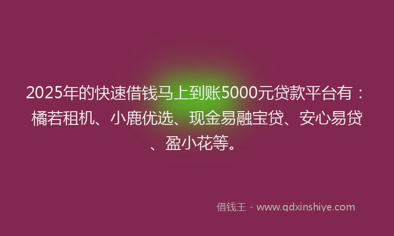 2025年的快速借钱马上到账5000元贷款平台有：橘若租机、小鹿优选、现金易融宝贷、安心易贷、盈小花等。