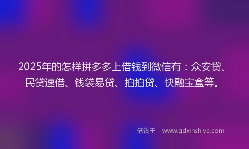 2025年的怎样拼多多上借钱到微信有：众安贷、民贷速借、钱袋易贷、拍拍贷、快融宝盒等。