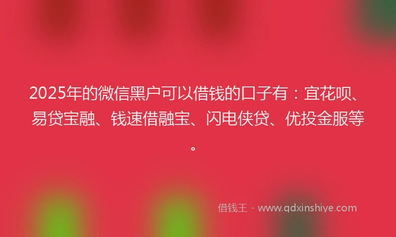 2025年的微信黑户可以借钱的口子有：宜花呗、易贷宝融、钱速借融宝、闪电侠贷、优投金服等。
