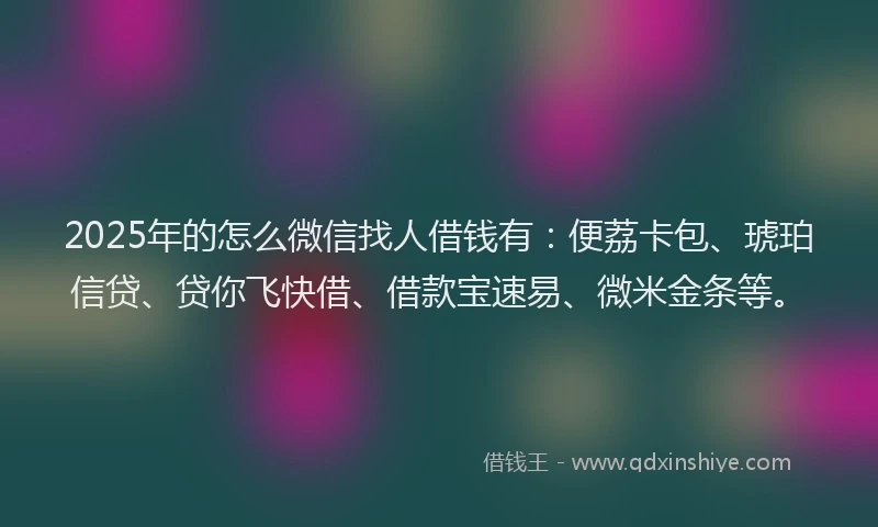 2025年的怎么微信找人借钱有：便荔卡包、琥珀信贷、贷你飞快借、借款宝速易、微米金条等。