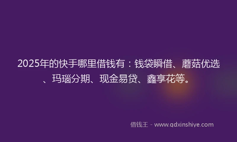2025年的快手哪里借钱有：钱袋瞬借、蘑菇优选、玛瑙分期、现金易贷、鑫享花等。