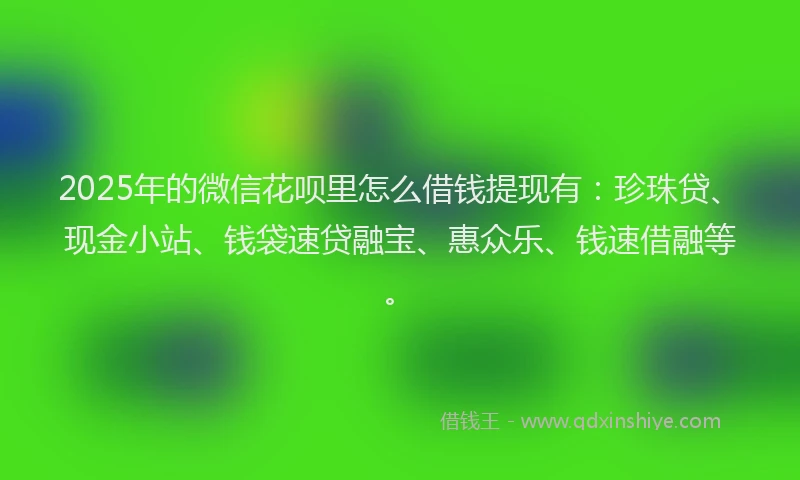 2025年的微信花呗里怎么借钱提现有：珍珠贷、现金小站、钱袋速贷融宝、惠众乐、钱速借融等。
