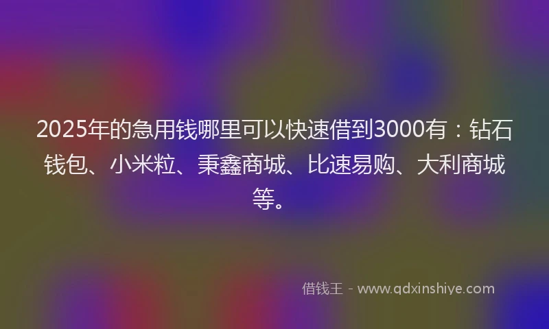 2025年的急用钱哪里可以快速借到3000有：钻石钱包、小米粒、秉鑫商城、比速易购、大利商城等。