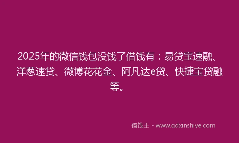 2025年的微信钱包没钱了借钱有：易贷宝速融、洋葱速贷、微博花花金、阿凡达e贷、快捷宝贷融等。
