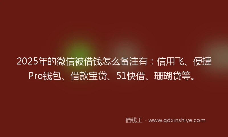 2025年的微信被借钱怎么备注有：信用飞、便捷Pro钱包、借款宝贷、51快借、珊瑚贷等。