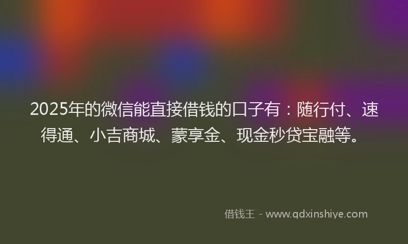 2025年的微信能直接借钱的口子有：随行付、速得通、小吉商城、蒙享金、现金秒贷宝融等。