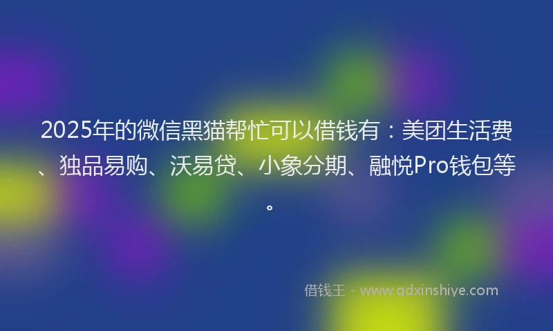 2025年的微信黑猫帮忙可以借钱有：美团生活费、独品易购、沃易贷、小象分期、融悦Pro钱包等。