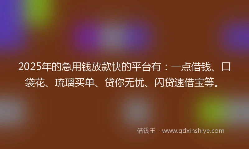 2025年的急用钱放款快的平台有：一点借钱、口袋花、琉璃买单、贷你无忧、闪贷速借宝等。