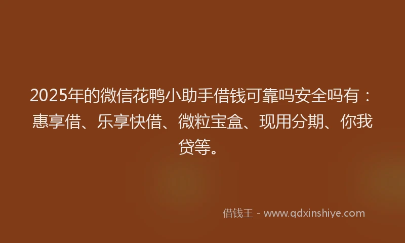 2025年的微信花鸭小助手借钱可靠吗安全吗有：惠享借、乐享快借、微粒宝盒、现用分期、你我贷等。