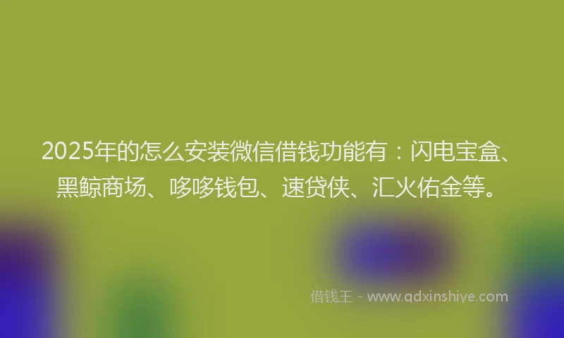 2025年的怎么安装微信借钱功能有：闪电宝盒、黑鲸商场、哆哆钱包、速贷侠、汇火佑金等。