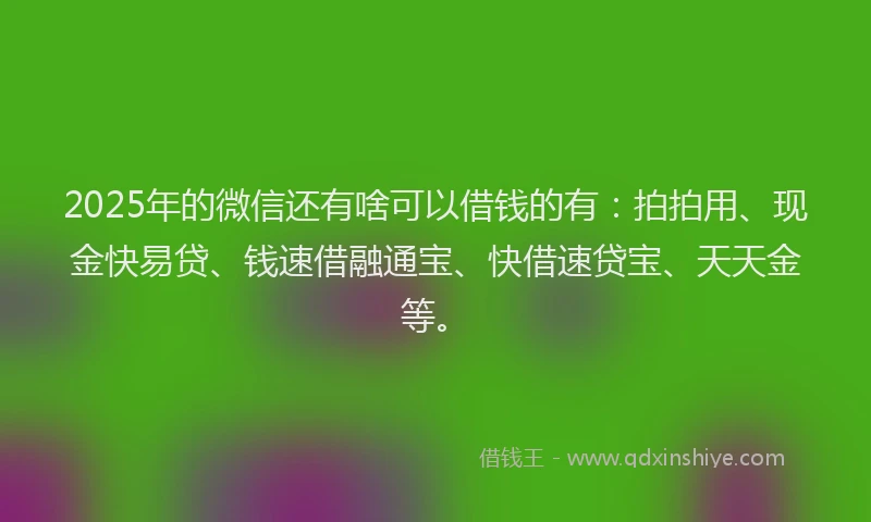 2025年的微信还有啥可以借钱的有:拍拍用、现金快易贷、钱速借融通宝、快借速贷宝、天天金等。