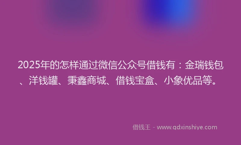 2025年的怎样通过微信公众号借钱有：金瑞钱包、洋钱罐、秉鑫商城、借钱宝盒、小象优品等。