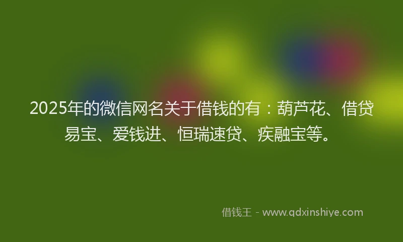 2025年的微信网名关于借钱的有：葫芦花、借贷易宝、爱钱进、恒瑞速贷、疾融宝等。