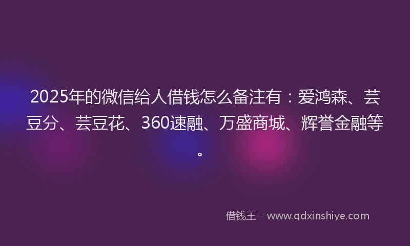 2025年的微信给人借钱怎么备注有：爱鸿森、芸豆分、芸豆花、360速融、万盛商城、辉誉金融等。