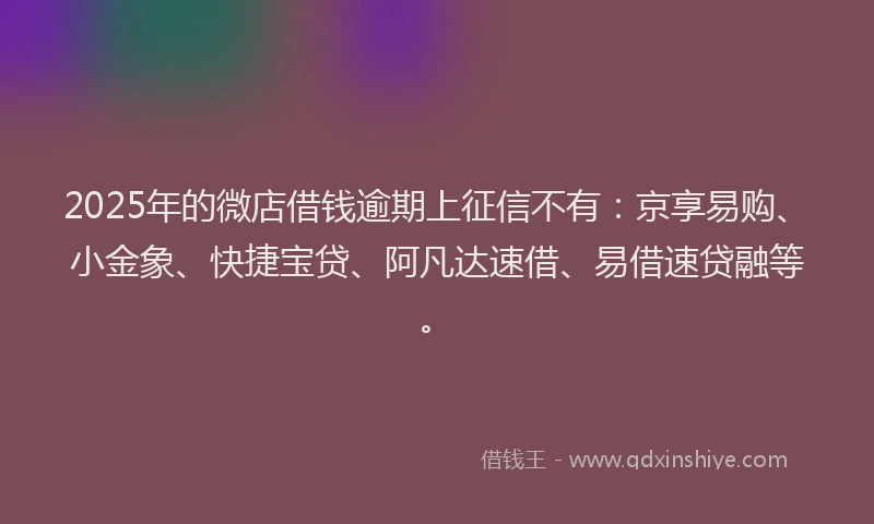 2025年的微店借钱逾期上征信不有：京享易购、小金象、快捷宝贷、阿凡达速借、易借速贷融等。