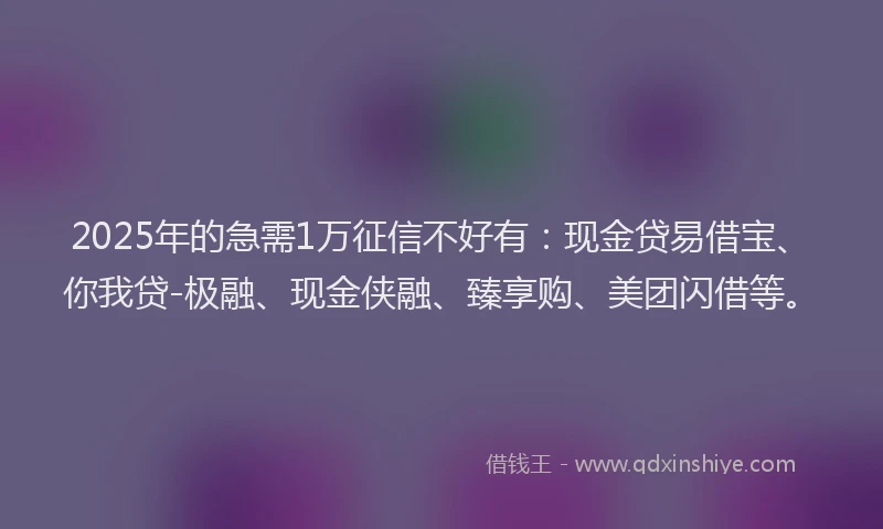 2025年的急需1万征信不好有：现金贷易借宝、你我贷-极融、现金侠融、臻享购、美团闪借等。