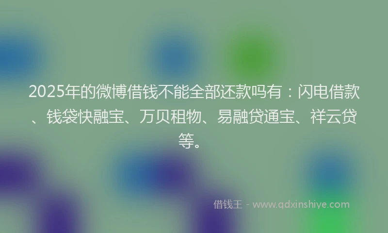 2025年的微博借钱不能全部还款吗有：闪电借款、钱袋快融宝、万贝租物、易融贷通宝、祥云贷等。