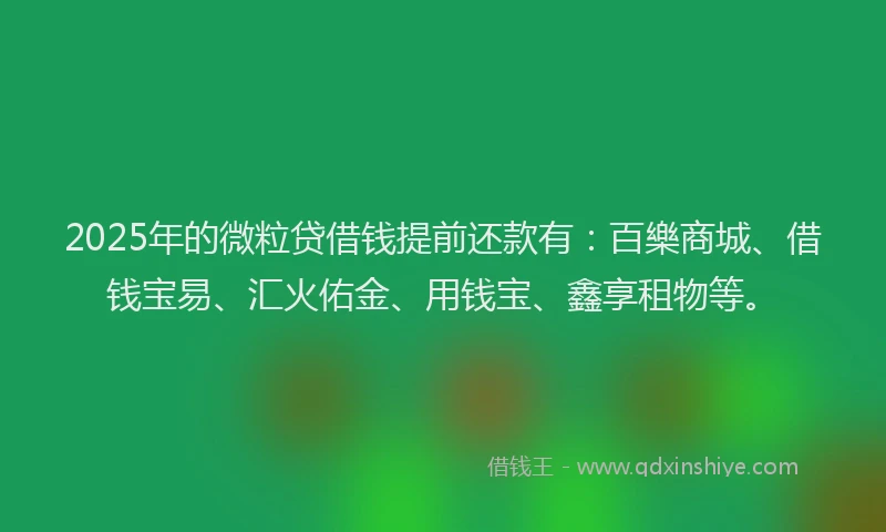 2025年的微粒贷借钱提前还款有：百樂商城、借钱宝易、汇火佑金、用钱宝、鑫享租物等。