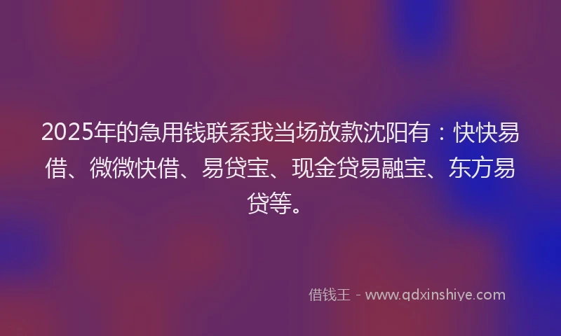 2025年的急用钱联系我当场放款沈阳有：快快易借、微微快借、易贷宝、现金贷易融宝、东方易贷等。