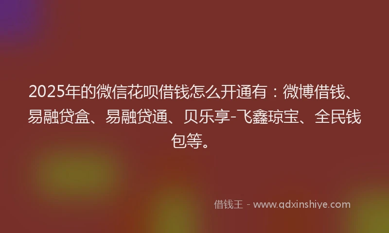 2025年的微信花呗借钱怎么开通有：微博借钱、易融贷盒、易融贷通、贝乐享-飞鑫琼宝、全民钱包等。