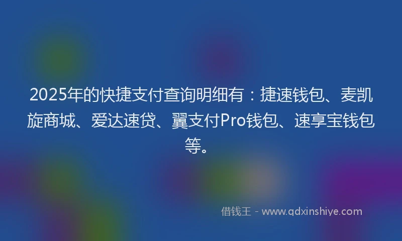 2025年的快捷支付查询明细有：捷速钱包、麦凯旋商城、爱达速贷、翼支付Pro钱包、速享宝钱包等。