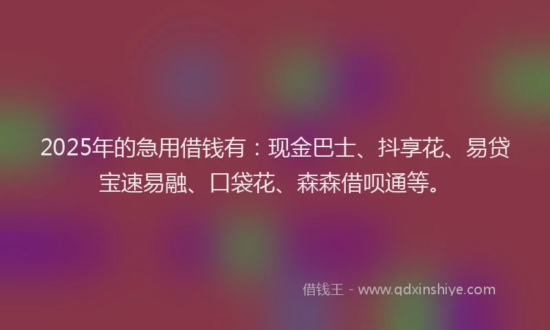 2025年的急用借钱有：现金巴士、抖享花、易贷宝速易融、口袋花、森森借呗通等。