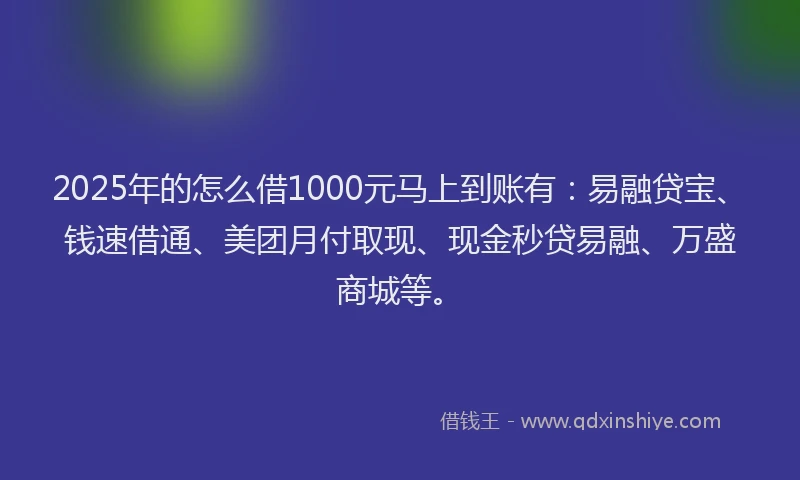 2025年的怎么借1000元马上到账有：易融贷宝、钱速借通、美团月付取现、现金秒贷易融、万盛商城等。