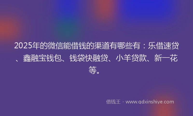 2025年的微信能借钱的渠道有哪些有：乐借速贷、鑫融宝钱包、钱袋快融贷、小羊贷款、新一花等。