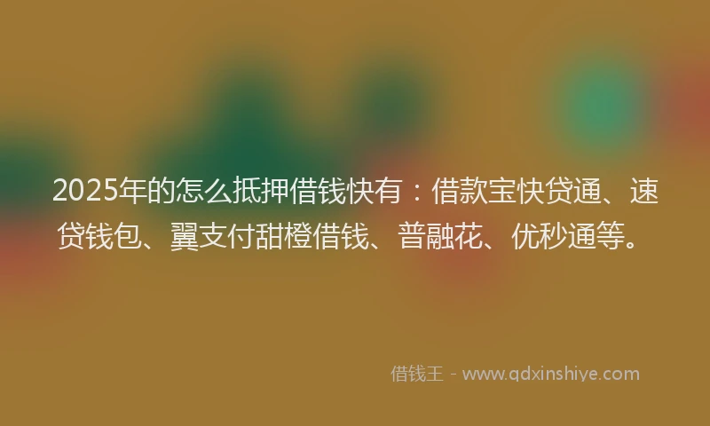 2025年的怎么抵押借钱快有：借款宝快贷通、速贷钱包、翼支付甜橙借钱、普融花、优秒通等。