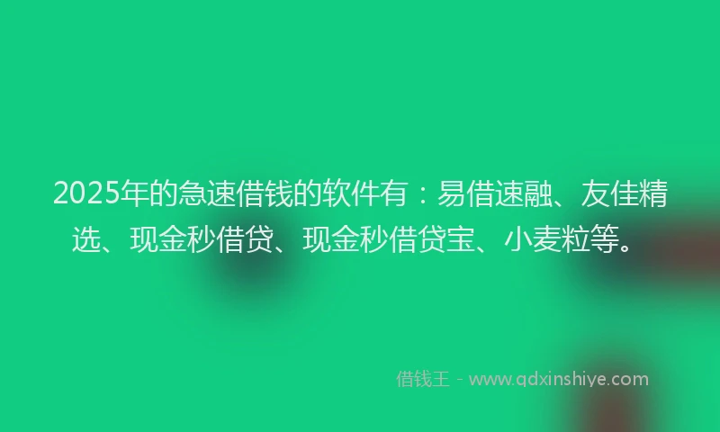2025年的急速借钱的软件有：易借速融、友佳精选、现金秒借贷、现金秒借贷宝、小麦粒等。