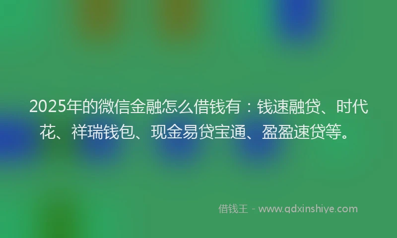 2025年的微信金融怎么借钱有：钱速融贷、时代花、祥瑞钱包、现金易贷宝通、盈盈速贷等。
